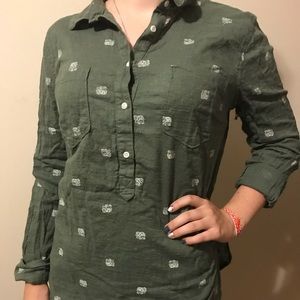 Green Button-down with Elephants